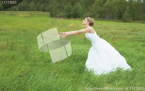 Image of Bride hastens towards to groom on meadow