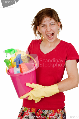 Image of Screaming cleaning woman