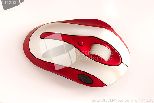 Image of red and white optical computer mouse