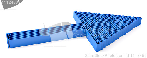 Image of Blue arrow with maze "Which Way?"