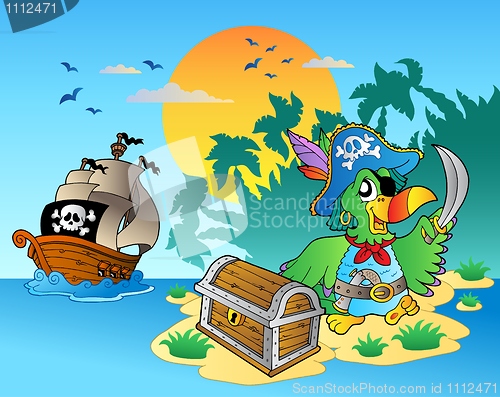 Image of Pirate parrot and chest on island