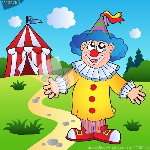 Image of Cartoon clown with circus tent