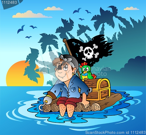 Image of Pirate sailing on wooden raft