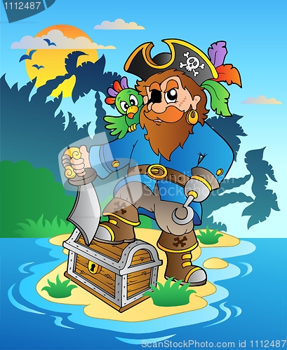 Image of Pirate standing on chest on island