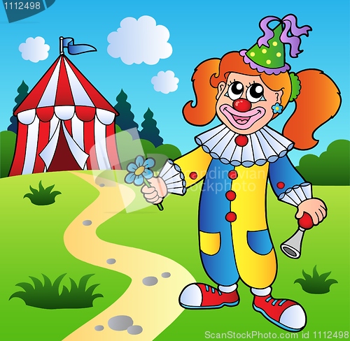 Image of Cartoon clown girl with circus tent