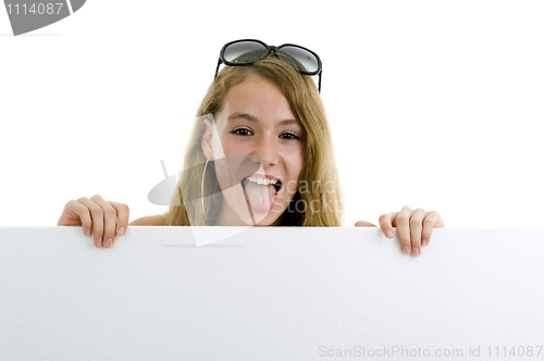 Image of blond girl with blank display board