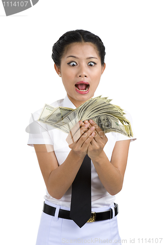 Image of businesswoman with a lot of money