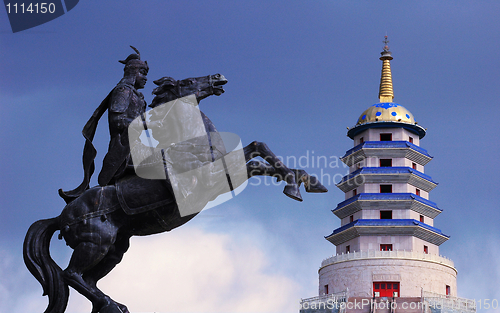 Image of Statue of Mongolian saber and a Pagoda