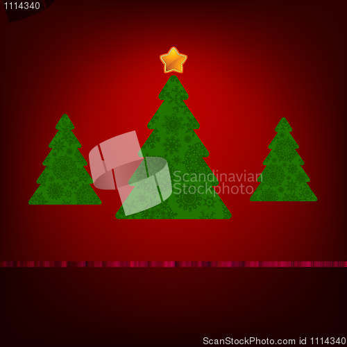 Image of Green christmas tree on red background. EPS 8
