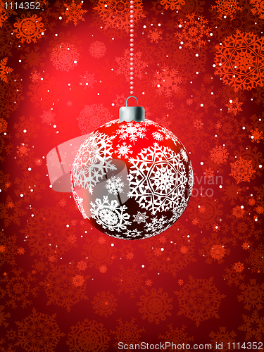 Image of Christmas ball on falling flakes template. EPS 8