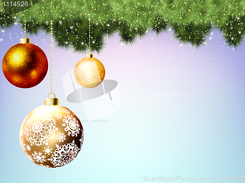 Image of Evergreen branches with gold balls. EPS 8