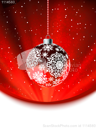 Image of Christmas ball on falling flakes template. EPS 8