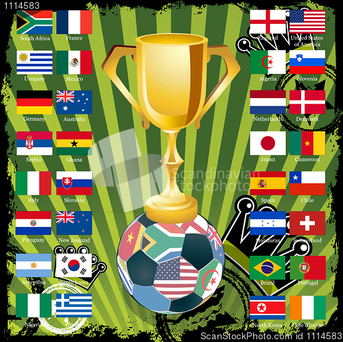 Image of Gold soccer cup with all flags of groups. EPS 8