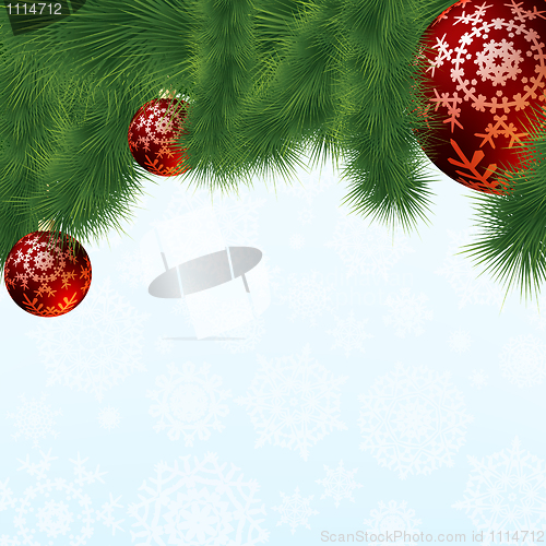 Image of Evergreen branches with red ornaments. EPS 8