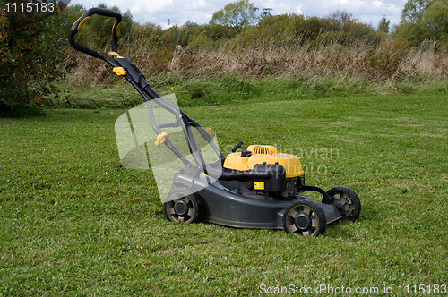 Image of Petrol lawn mower.
