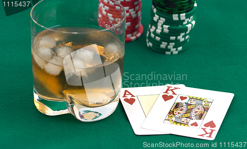 Image of Counters of a card and a glass of whisky.