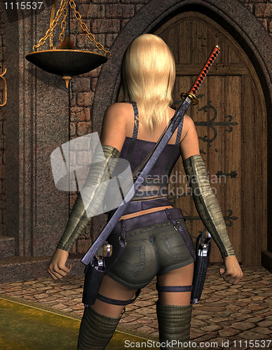 Image of armed young woman from behind