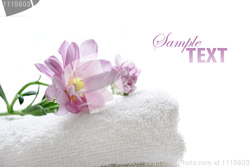 Image of Clean towel with fresh flowers 