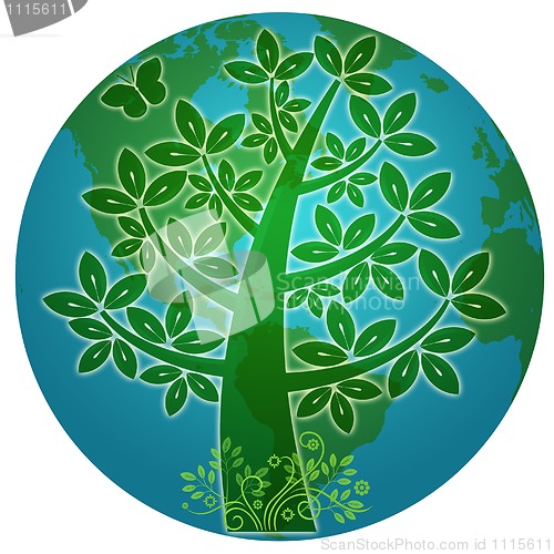 Image of Blue Planet with Abstract Eco Tree Silhouette