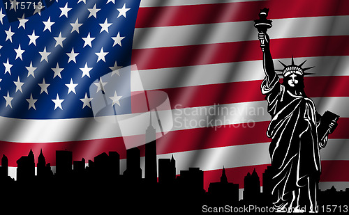 Image of USA American Flag with Statue of Liberty Skyline Silhouette