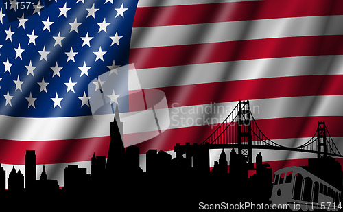 Image of USA American Flag with Golden Gate Bridge Skyline Silhouette