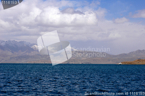 Image of Landscape of blue lake and snow mountains