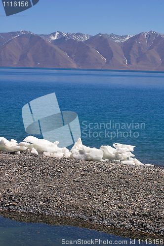 Image of Landscape of blue lake and snow covered mountains