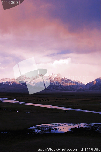 Image of Landscape of snow mountains and stream