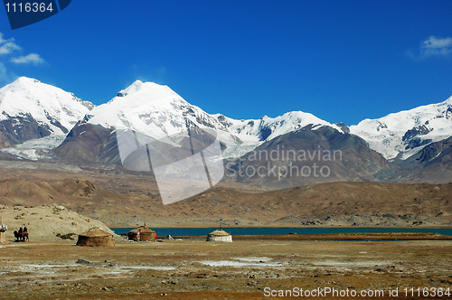 Image of Landscape of snow mountains and blue lake
