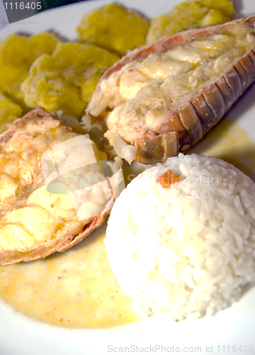Image of lobster central american style with tostones rice