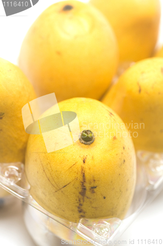 Image of champagne mangos in plastic box white background