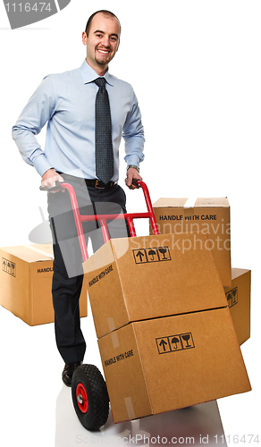 Image of smiling man with handtruck