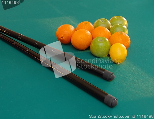 Image of Fruits on billiards table