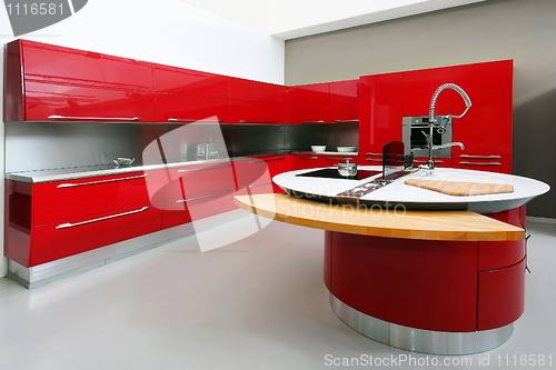 Image of Red kitchen interior