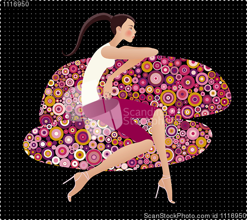 Image of vector illustration of girl sitting on the patterned divan