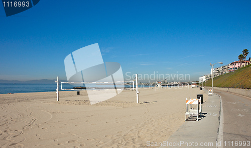 Image of volleyball net on beach