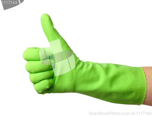 Image of Hand wearing rubber glove shows thumb up sign