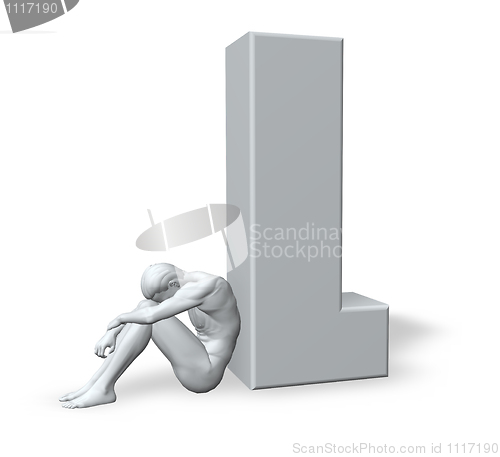 Image of sitting man leans on uppercase letter l