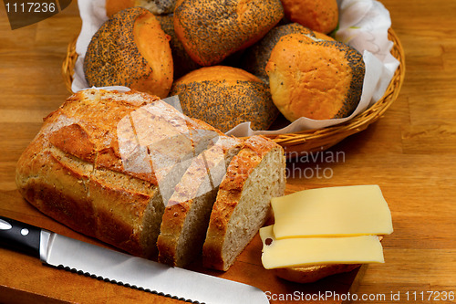 Image of Fresh bread, bread rolls and cheese