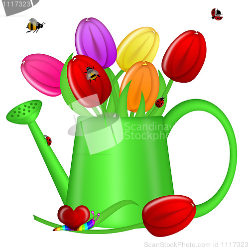Image of Watering Can with Spring Tulip Flowers