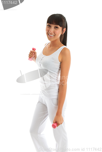 Image of Beautiful fitness girl exercising hand weights