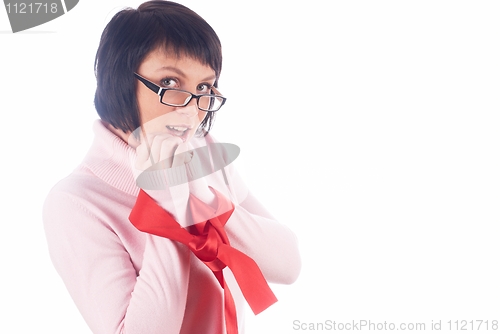 Image of Woman with red tape