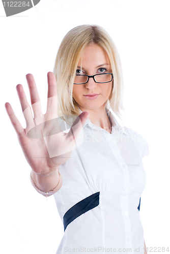 Image of Young woman showing "stop!"