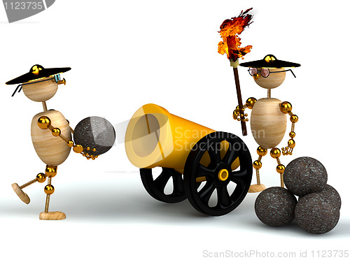 Image of 3d wood mans with a gold cannon