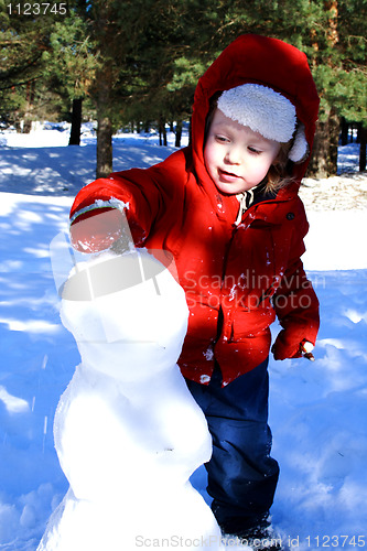 Image of kid on the yard is making a snowman