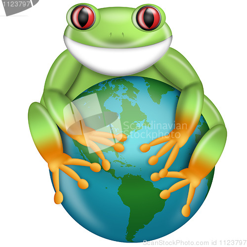 Image of Red-Eyed Green Tree Frog Hugging Planet Earth