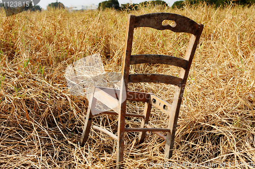 Image of broken wood chair in the dry grass field