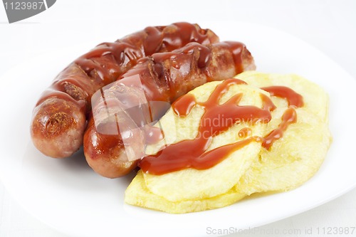 Image of Fried sausages and potatoes