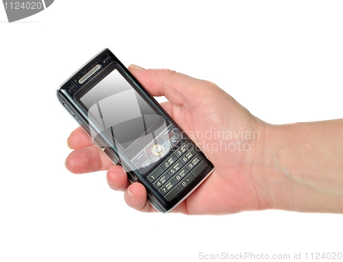 Image of Hand with mobile phone isolated on white background