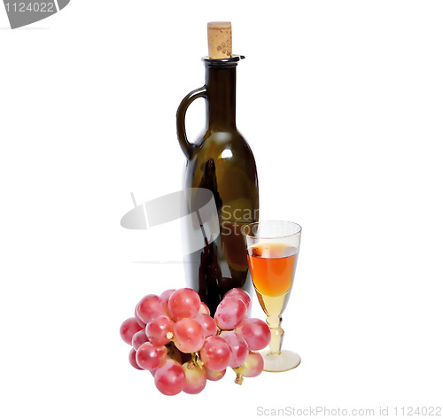 Image of Bottle and glass of wine, grape bunch on white background